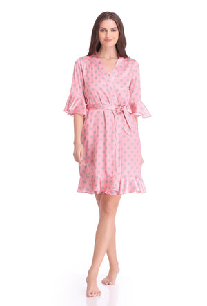 Pink Polka Dot Printed Satin Nightgown Set
