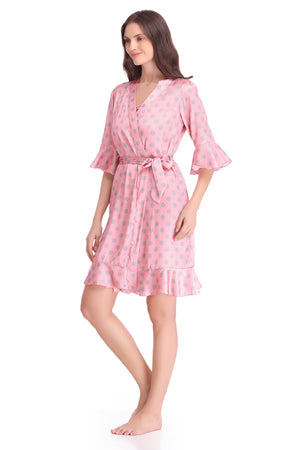 Pink Polka Dot Printed Satin Nightgown Set