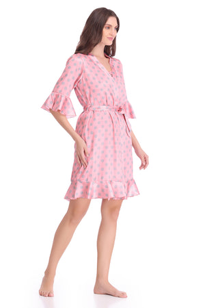 Pink Polka Dot Printed Satin Nightgown Set