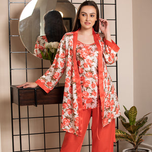 Print Satin Night suit with Robe Private Lives