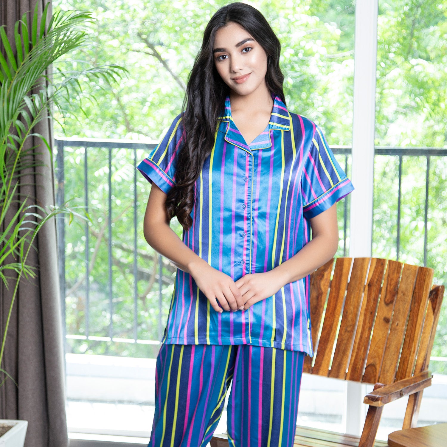 Lux Classic Collar Night Suit in mood stripes Private Lives