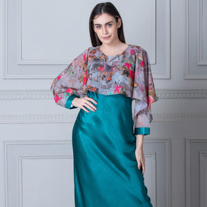 Vibrant Green Satin Nighty with print Cape Private Lives