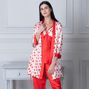 Satin Night suit with floral Robe Red & White Private Lives