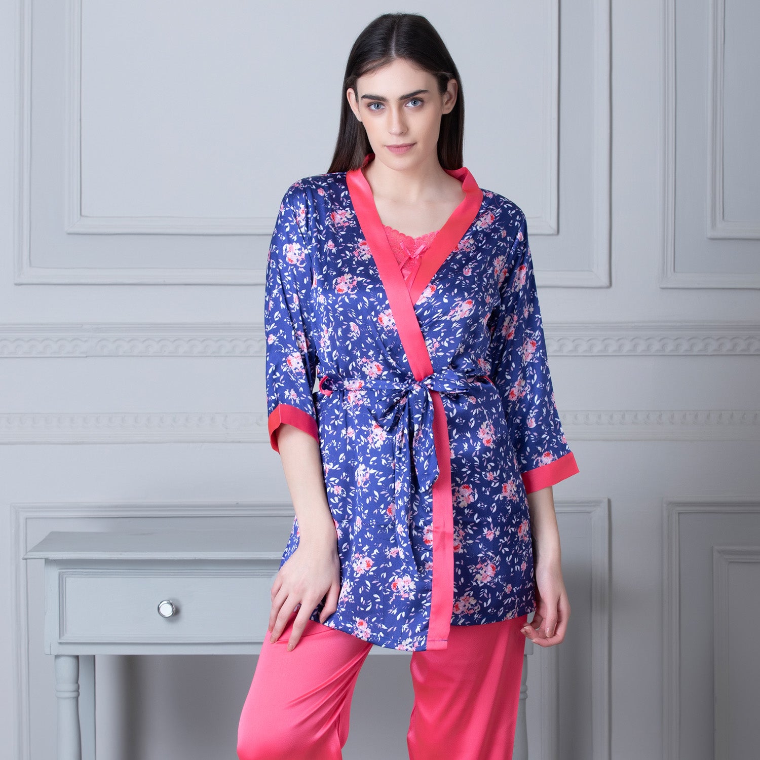 Satin Night suit with Floral Robe Blue Private Lives