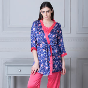 Satin Night suit with Floral Robe Blue Private Lives