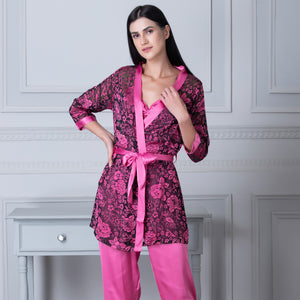 Satin Night suit with Floral Robe Private Lives