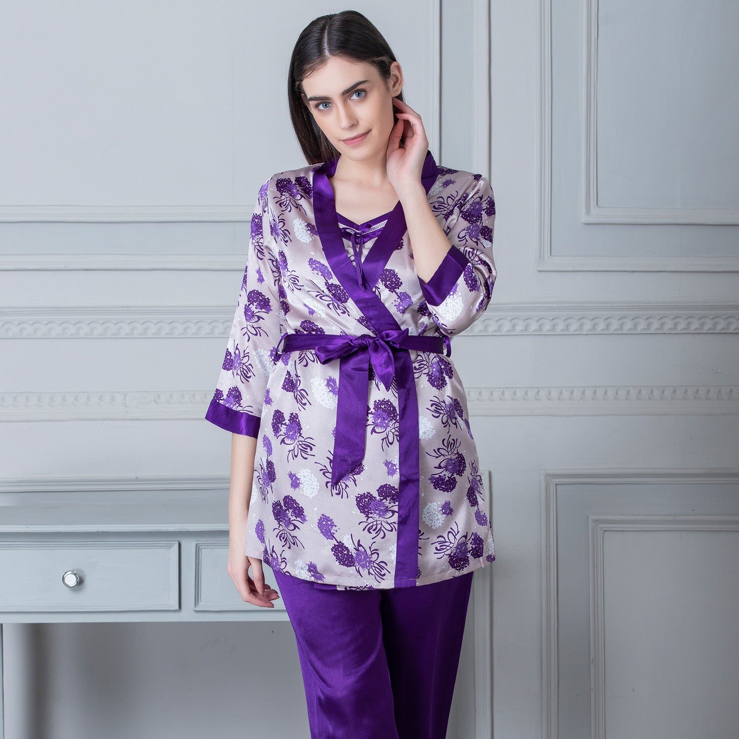 Printed satin Night suit with Robe Blue Private Lives