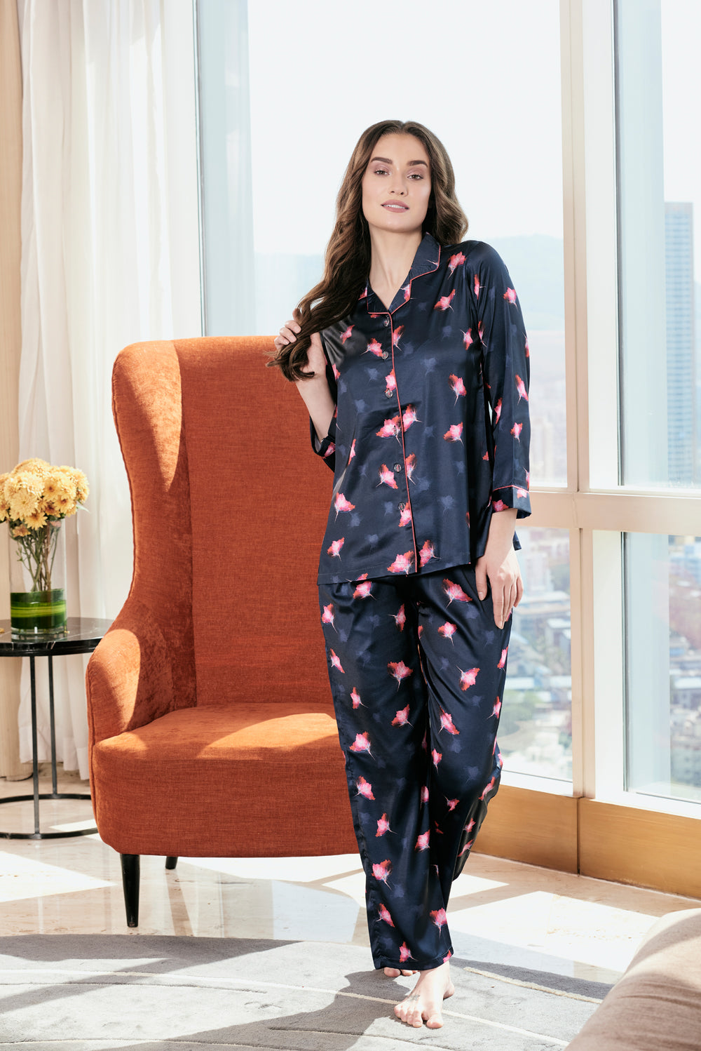Printed Satin Classic Collar Night suit Private Lives