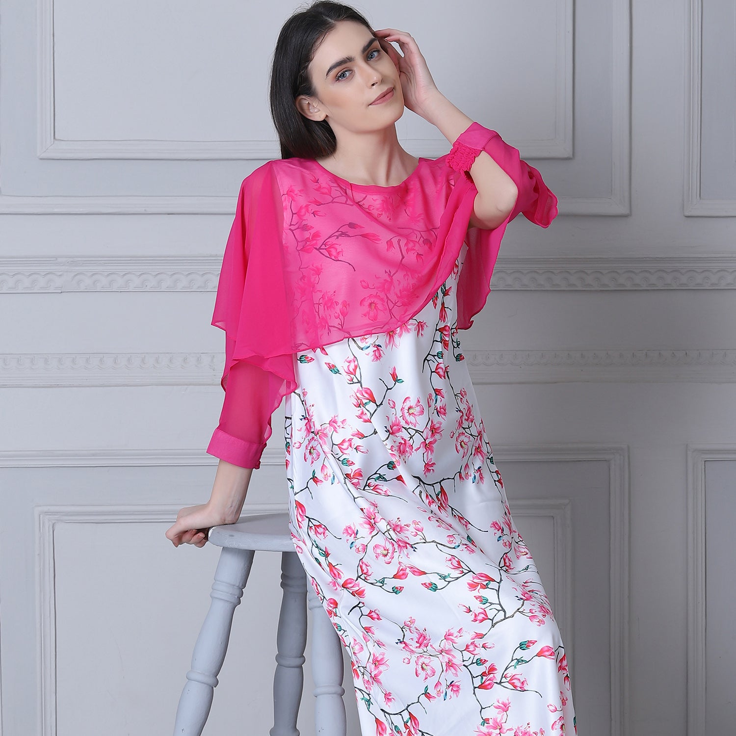 Floral Print Satin Nighty with Chiffon cape White & Pink Private Lives