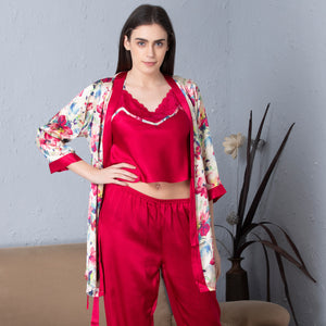 Satin Night suit with floral Robe Maroon Private Lives