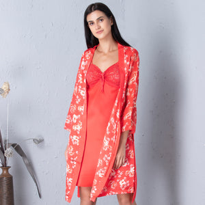 Printed Robe & plain nighty Nightgown set Private Lives