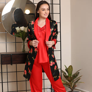 Red Satin Night suit with Print Robe Private Lives