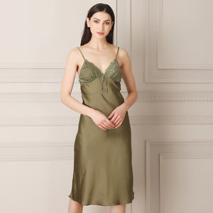 Olive Green Satin Long Nightgown set Private Lives