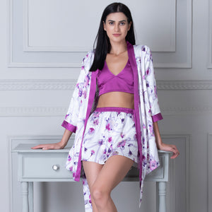 Satin Top & Skirt with Robe Purple & White Private Lives