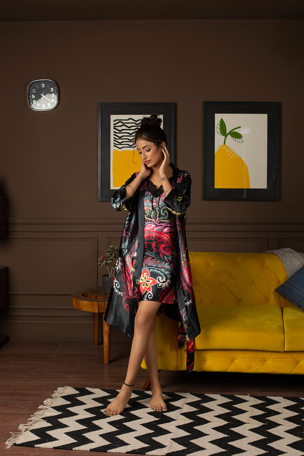 Black Festive Print Short Satin Nightgown Set