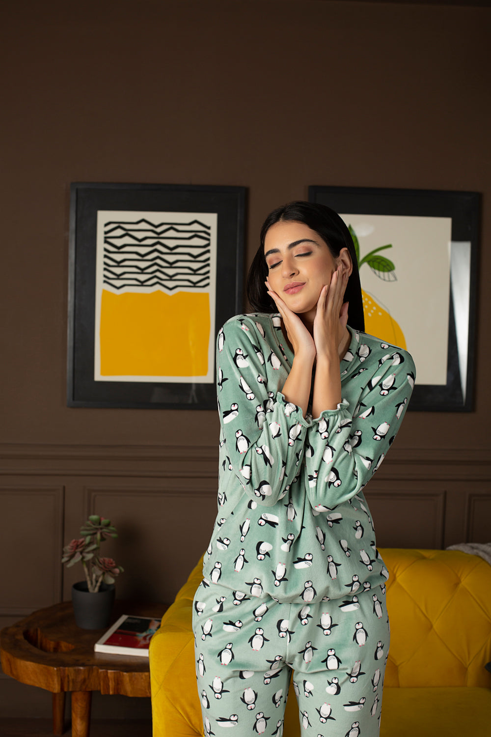 Penguin print Cozy PJ set in velvet