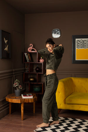 Olive Velvet Crop top co-ord (With owl patch)