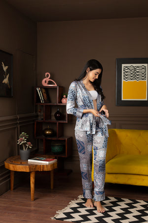 Blue Satin Printed Co-Ord Set