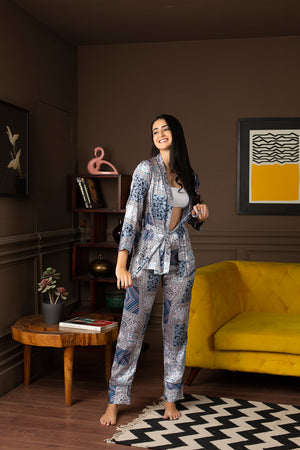 Blue Satin Printed Co-Ord Set