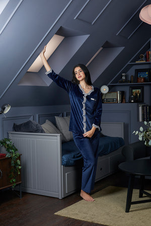 Velvet Night suit with Lace detail