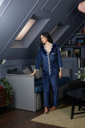 Velvet Night suit with Lace detail