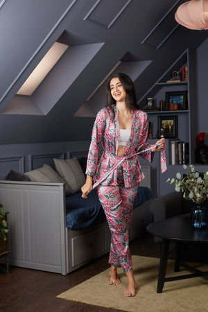 Grey Floral Satin Co-ord Set With Robe