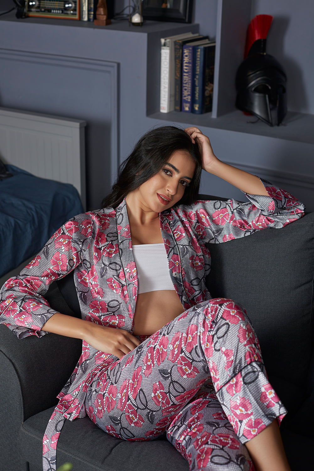 Grey Floral Satin Co-ord Set With Robe