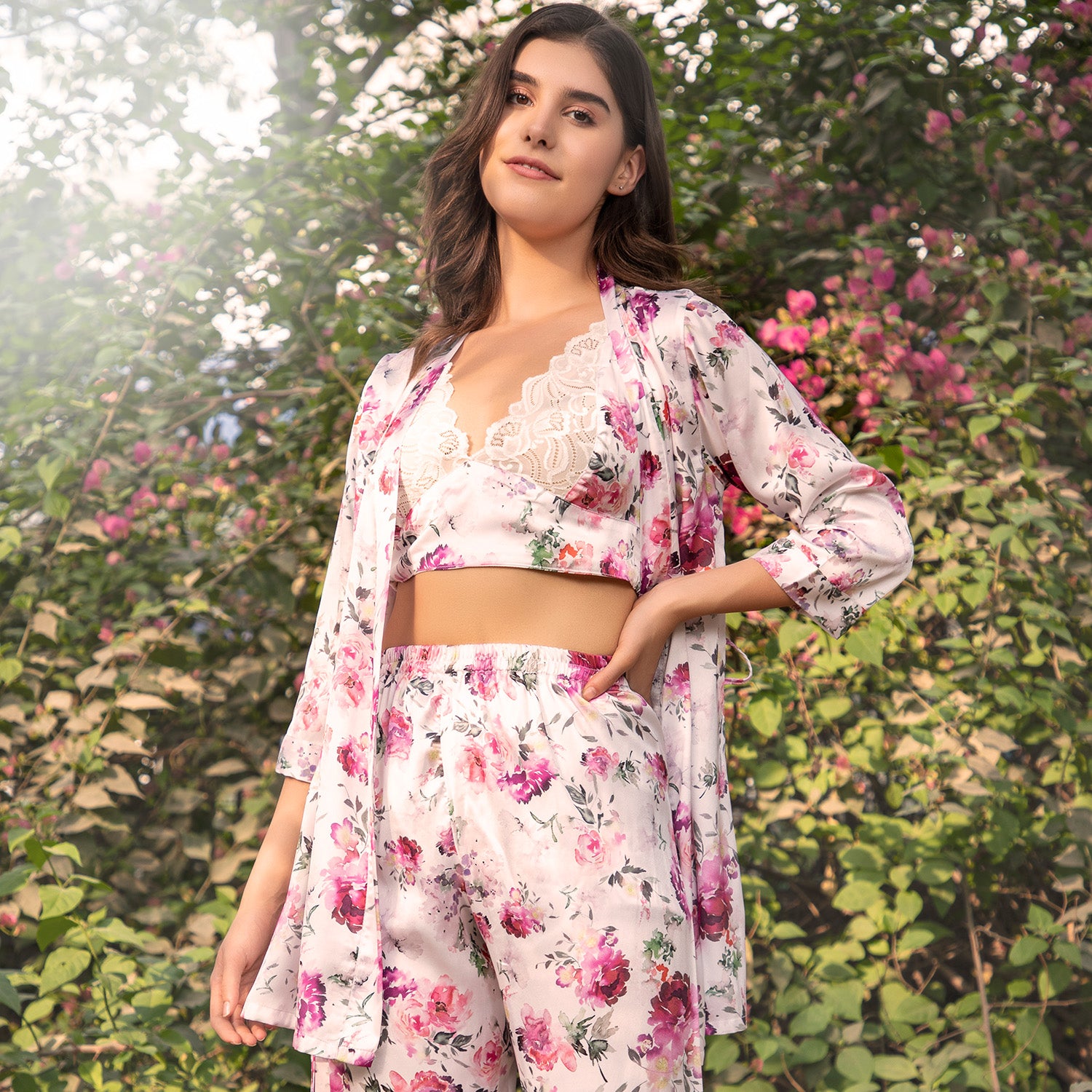 Print Floral Crop top  Nightsuit with Robe Private Lives