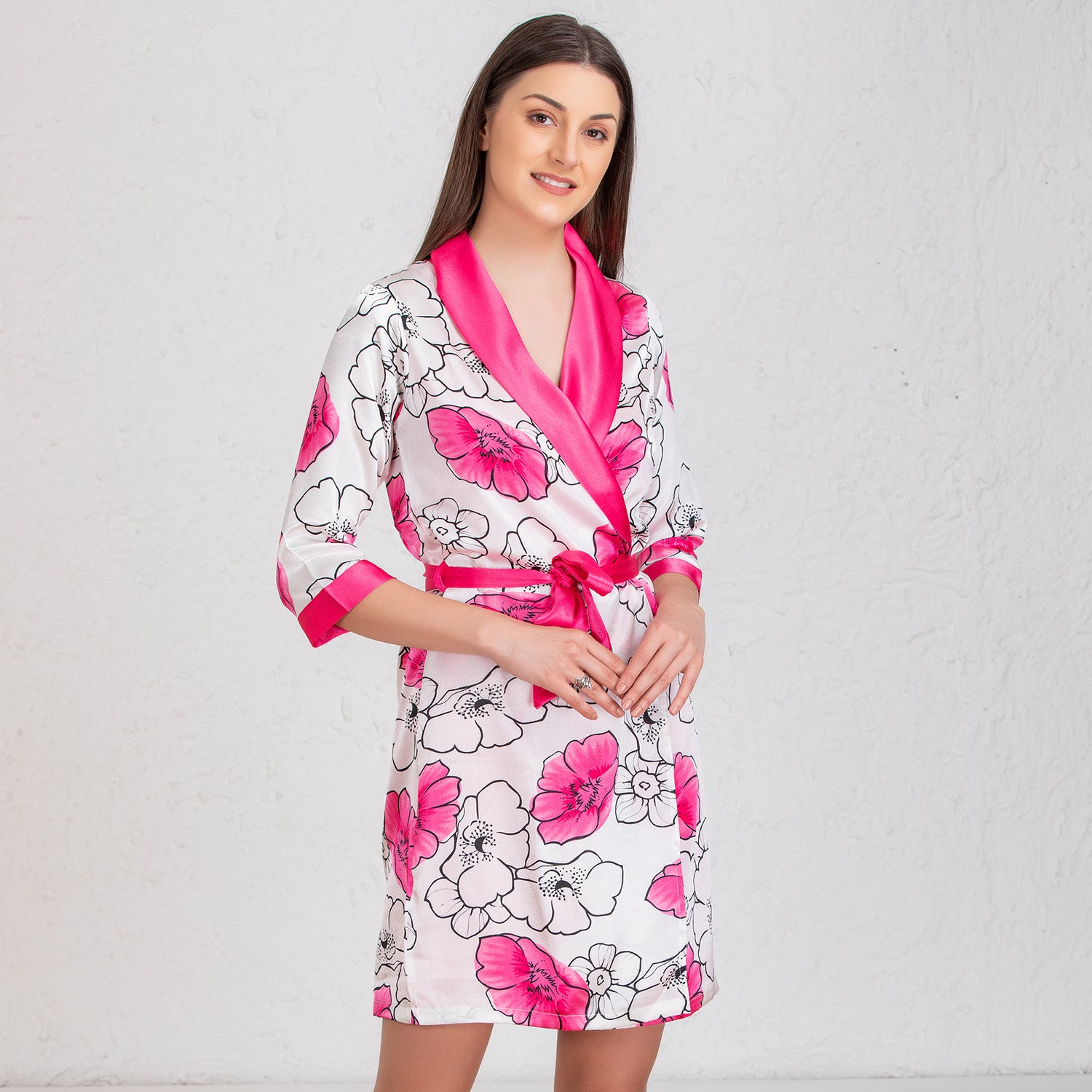 Plain satin Babydoll & print robe Nightgown set Pink Private Lives