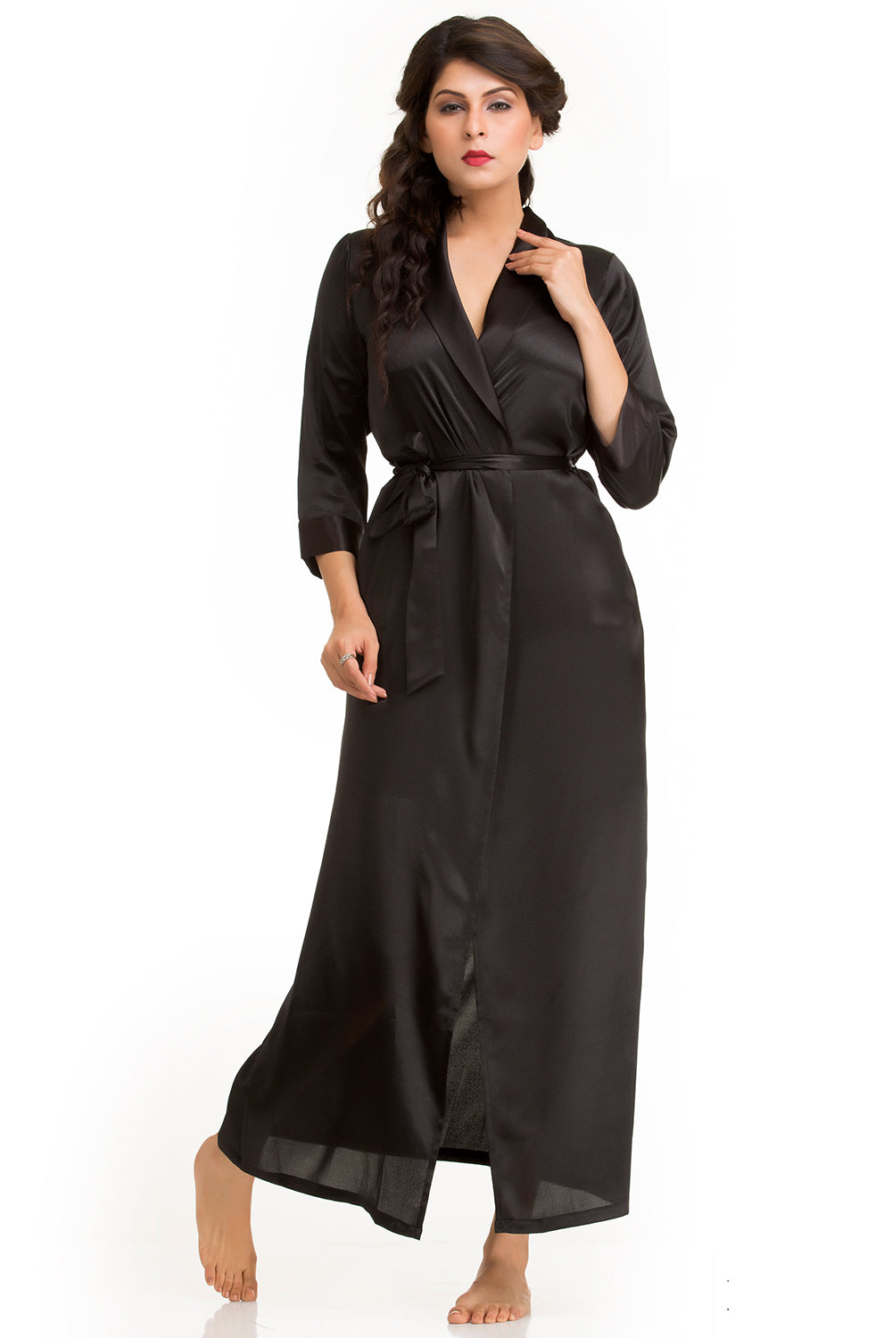 Buy Black Designer Satin Flirty Long Robe Set By Private Lives