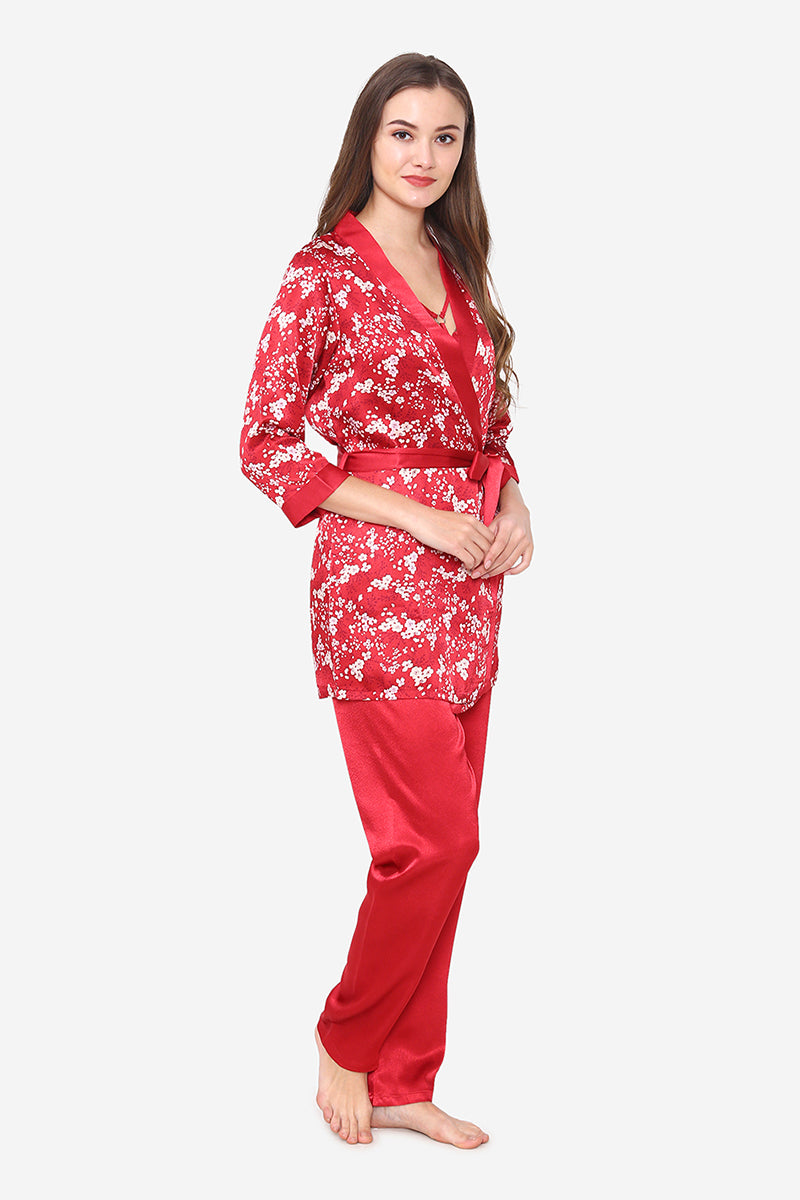 Maroon Satin Spaghetti, Pajama & Robe - Private Lives