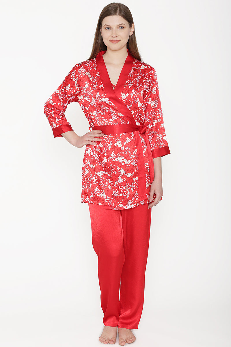 Private Lives Red Satin Top Pajama & Robe - Private Lives