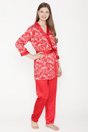 Private Lives Red Satin Top Pajama & Robe - Private Lives