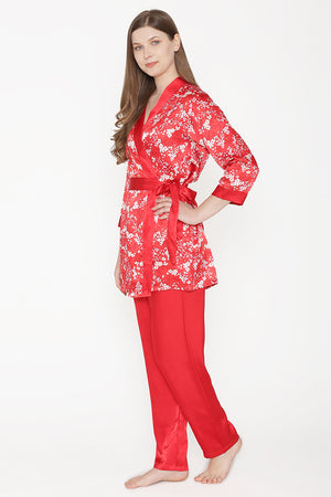 Private Lives Red Satin Top Pajama & Robe - Private Lives