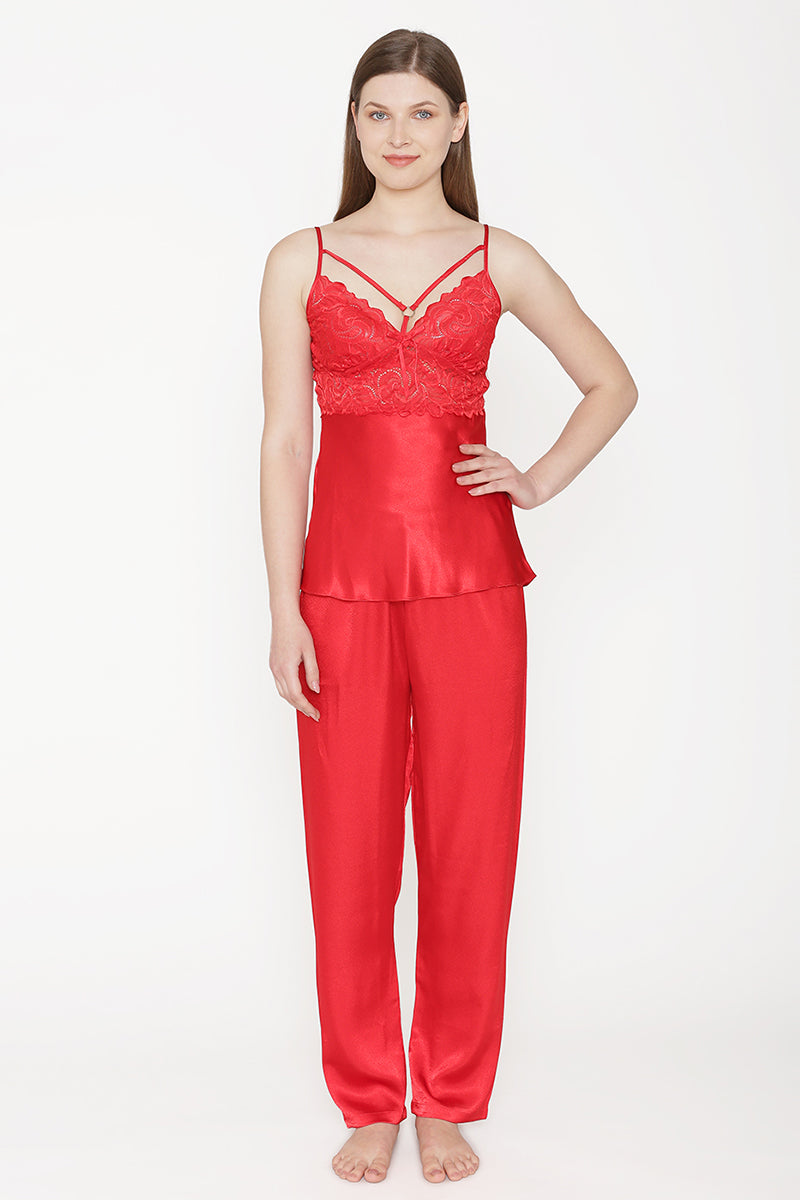 Private Lives Red Satin Top Pajama & Robe - Private Lives