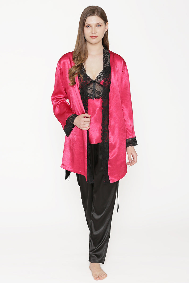 Private Lives Maroon Satin Top Pajama & Robe - Private Lives