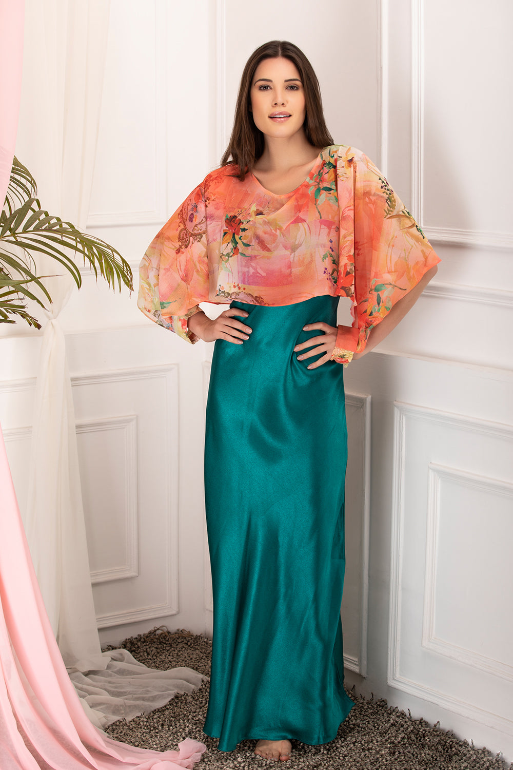 Satin Nighty with floral chiffon cape Private Lives