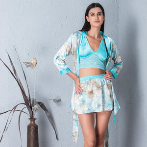 Floral print Skirt, Spaghetti & robe set turquoise Private Lives