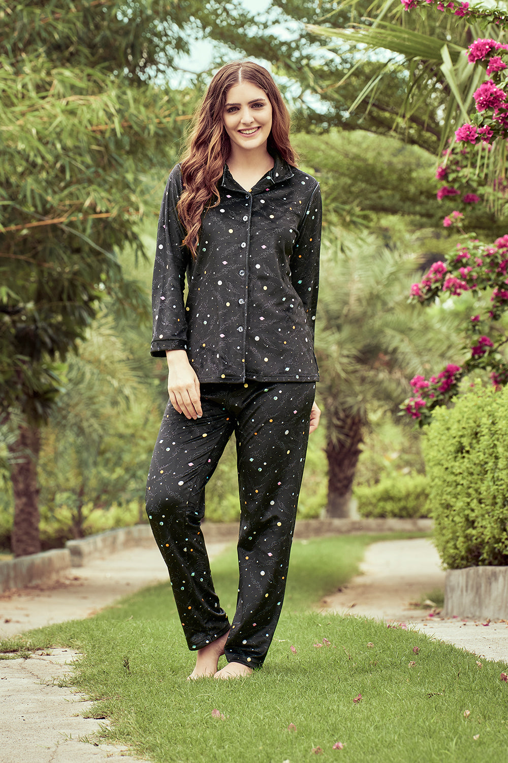 Printed Velvet Classic Collar Night suit - Private Lives