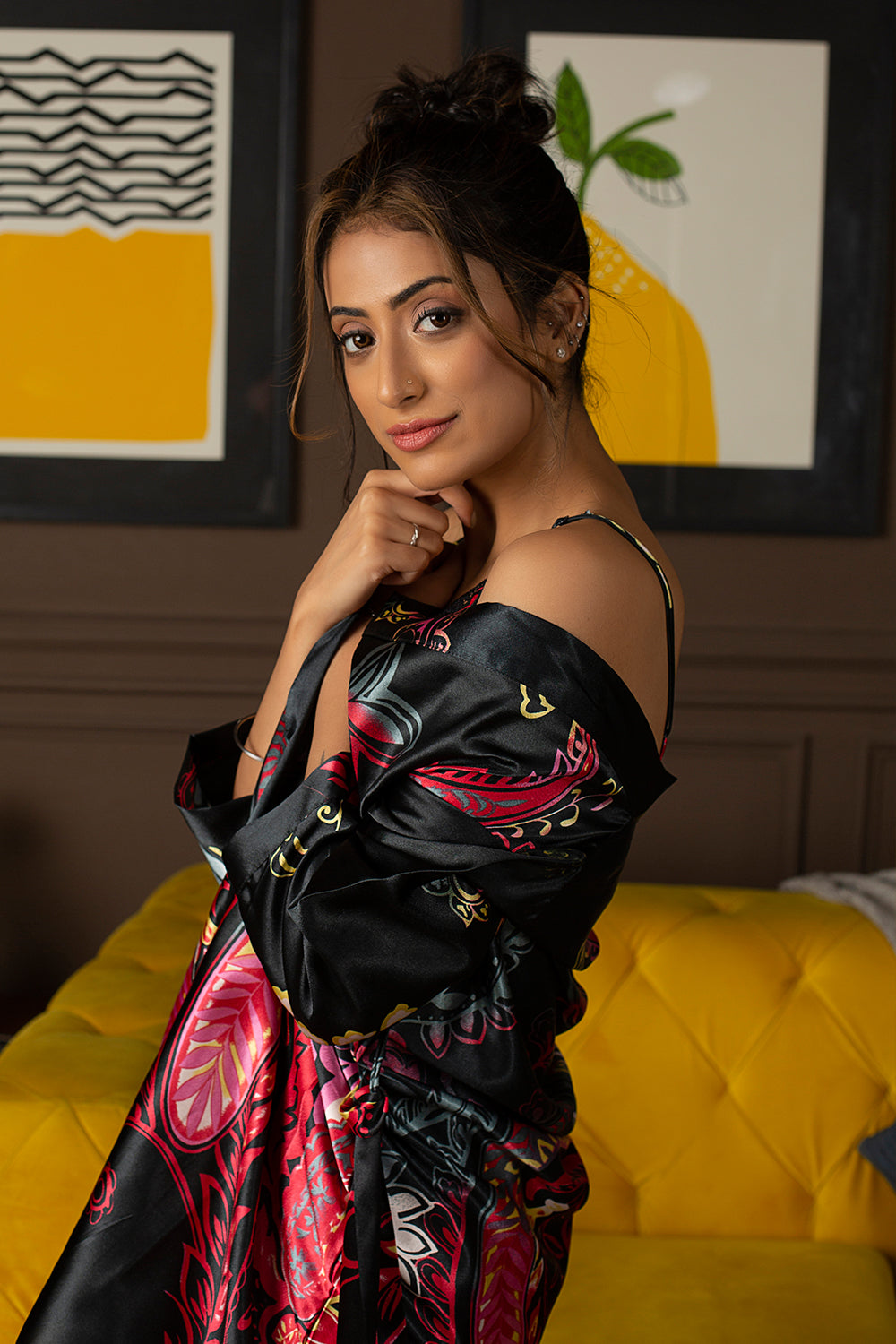 Black Festive Print Short Satin Nightgown Set