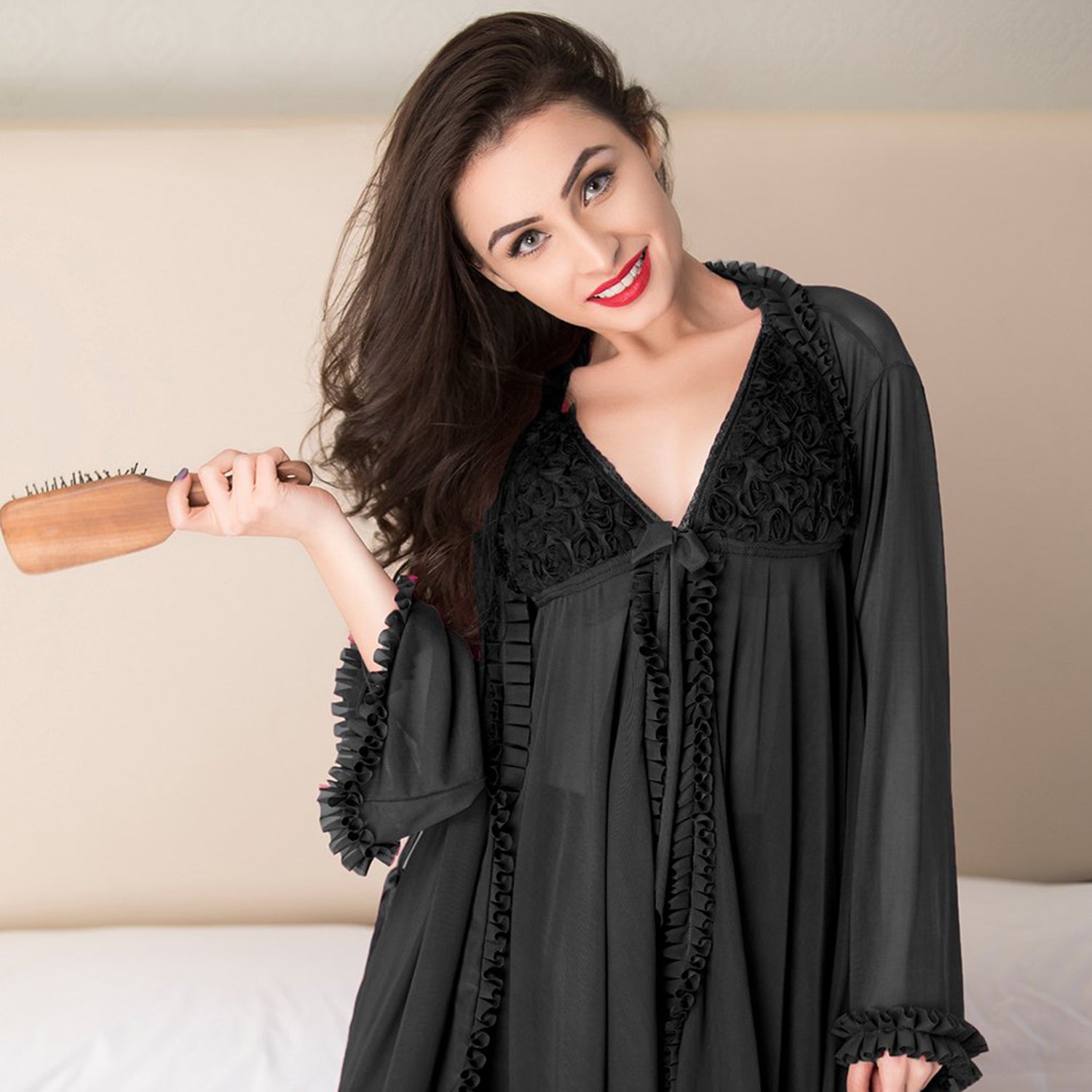 Illusion nude tulle Nightgown set black - Private Lives