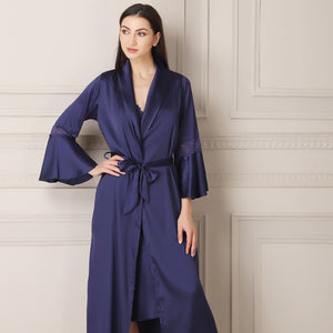 Satin Nightgown set in Navy blue Satin with Ruffle sleeves Private Lives