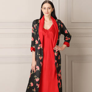 Red Satin Nighty & Print Robe Nightgown set Private Lives