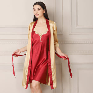 Gold & Maroon Satin Short Nightgown set Private Lives