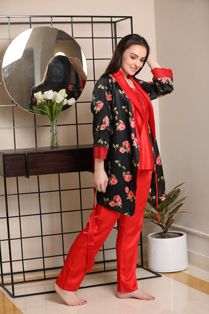 Red Satin Night suit with Print Robe Private Lives