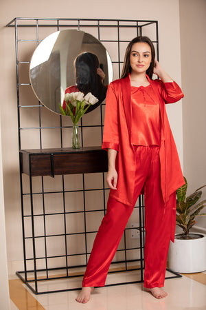 Red satin Night suit with Robe Private Lives