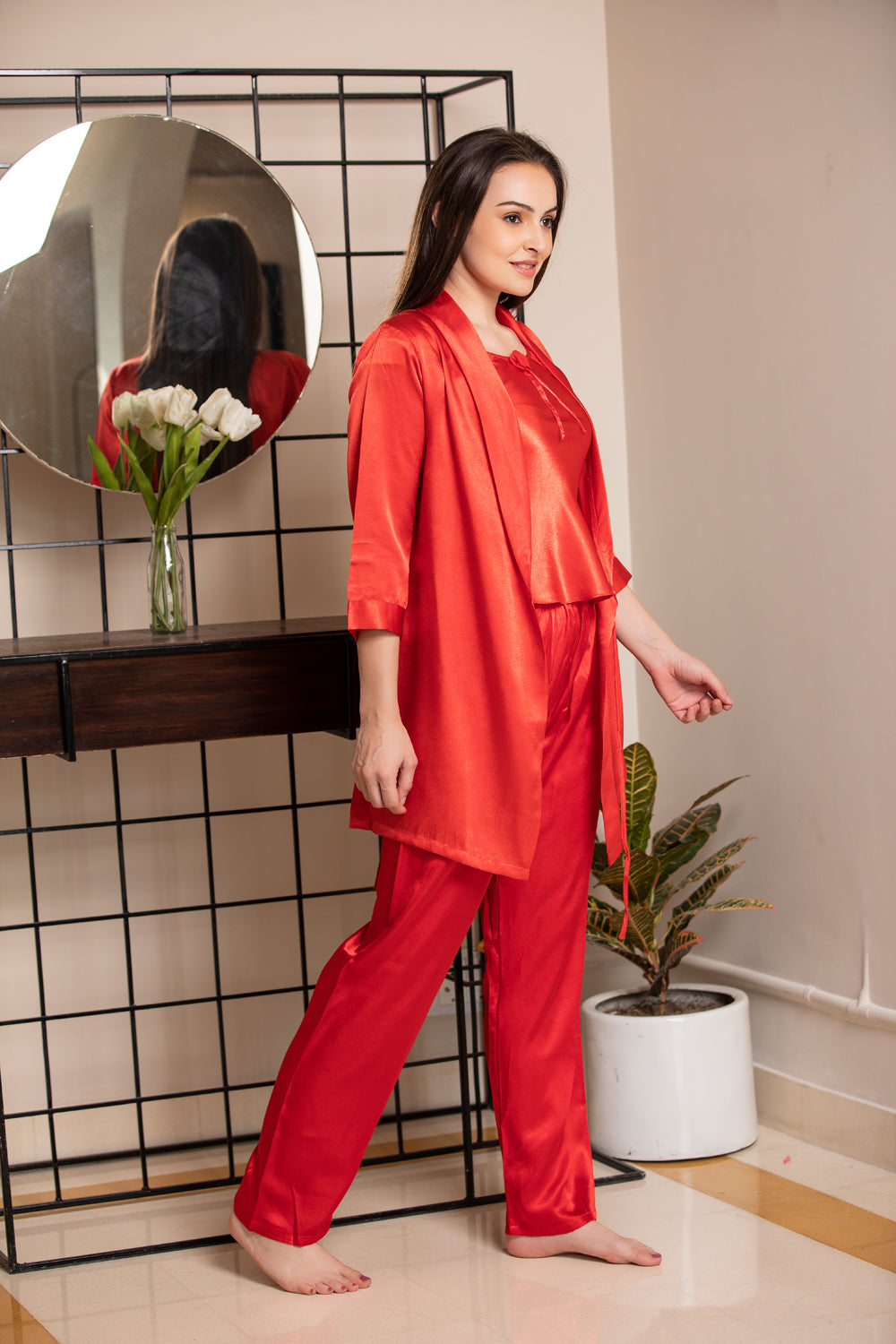 Buy Red Satin Night Suit With Robe Online From Private Lives