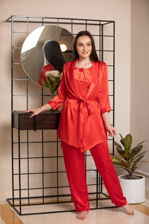 Red satin Night suit with Robe Private Lives