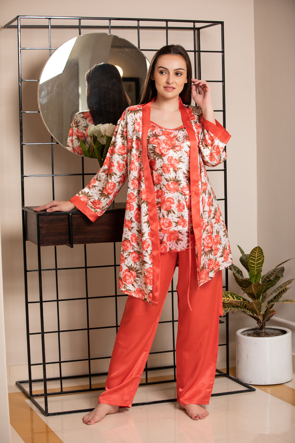 Print Satin Night suit with Robe Private Lives