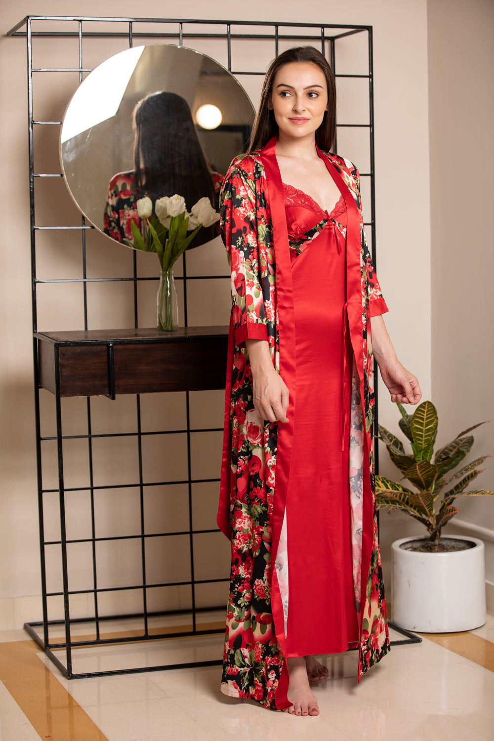 Buy N-Gal Women's Satin Floral Pattern Knee Length Nighty Gown with Robe 2  Pcs Set - Maroon Online